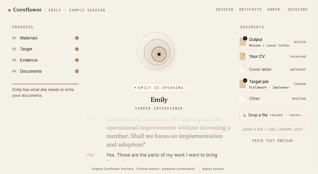 Emily candidate workspace with conversation orb, progress phases and collected documents