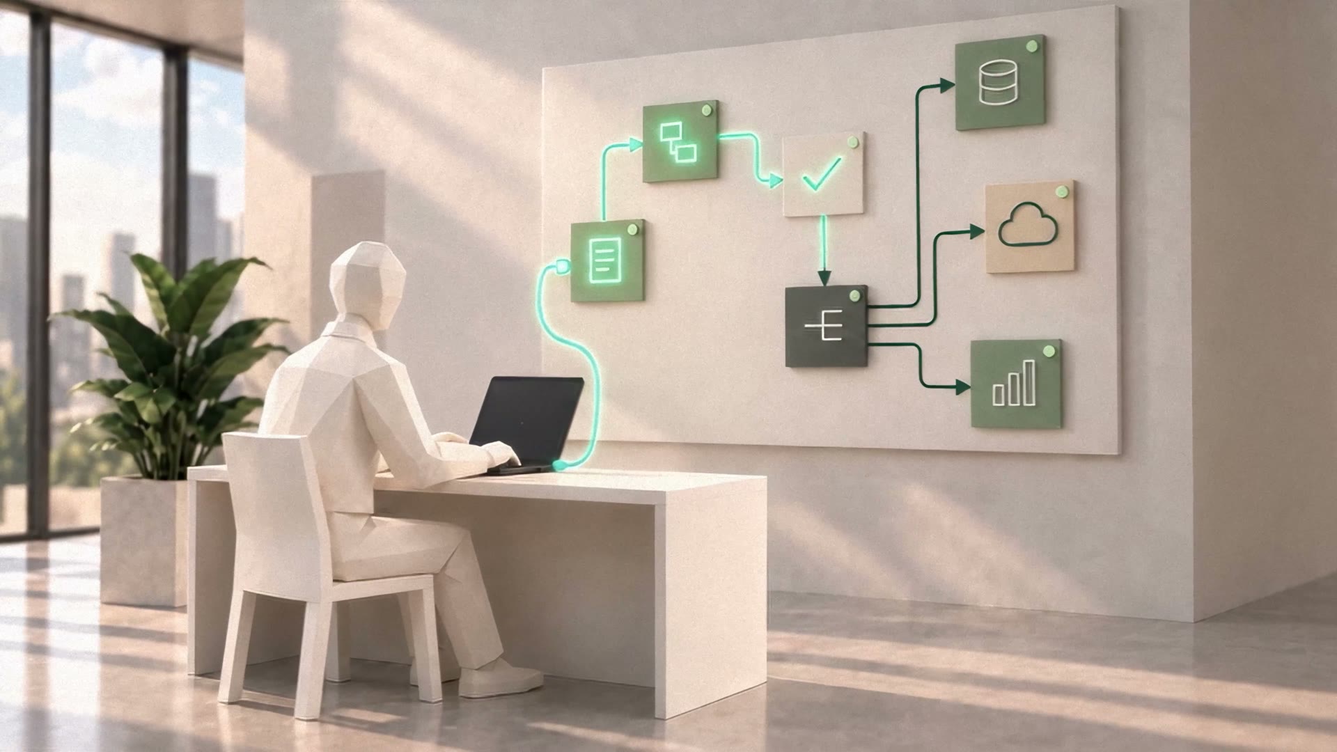 An engineer at a laptop as a connected workflow lights up on the wall